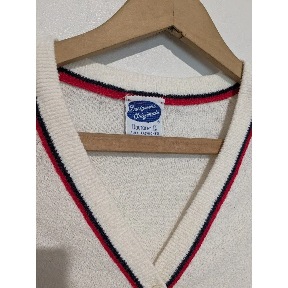 Vintage 70s Designer's Originals Acrylic Cream Cardigan Red Blue Striped S B 38
